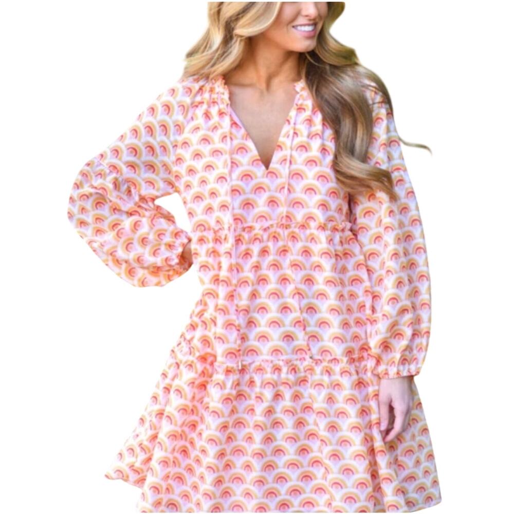 J. Marie XS Rainbow Tiered Ruffle Babydoll Loose Flowy Preppy Teacher Dress